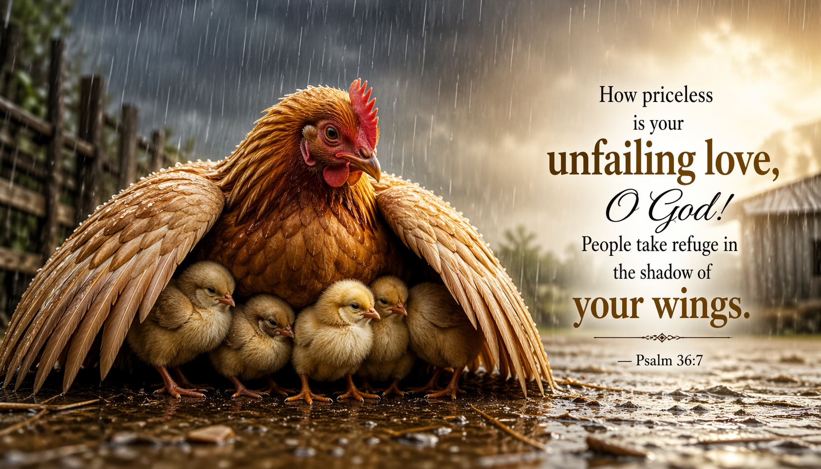 Bible verse Psalm 36:7 hen sheltering chicks under wings rainstorm priceless love wallpaper